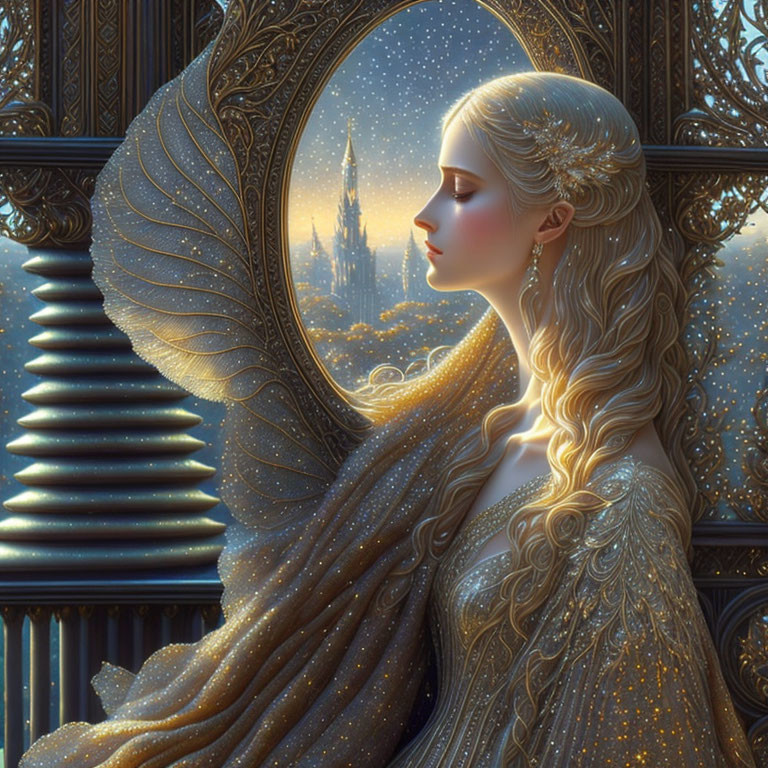 Golden-haired woman gazes into ornate mirror reflecting fantasy castle and shimmering attire.