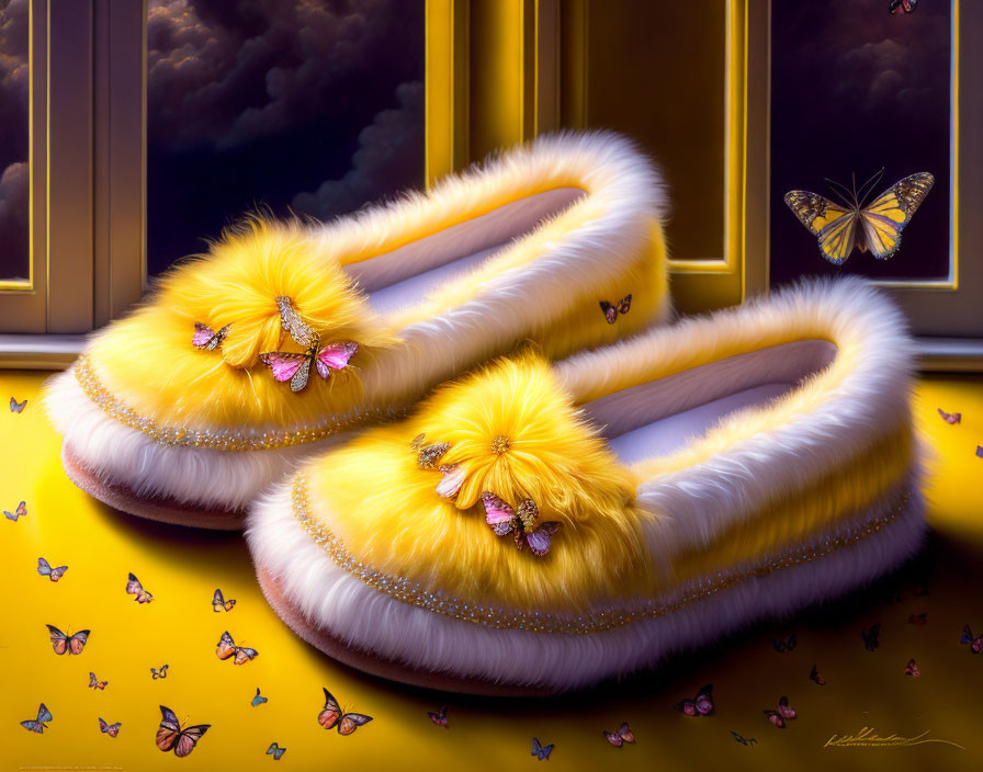 Yellow Butterfly-themed Fluffy Slippers on Cloudy Dusk Background