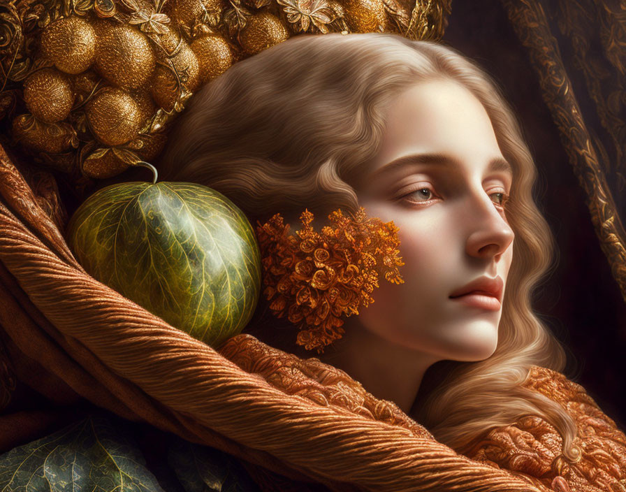 Portrait of woman with golden flowers, textured fabrics, seeds, and fruits pattern