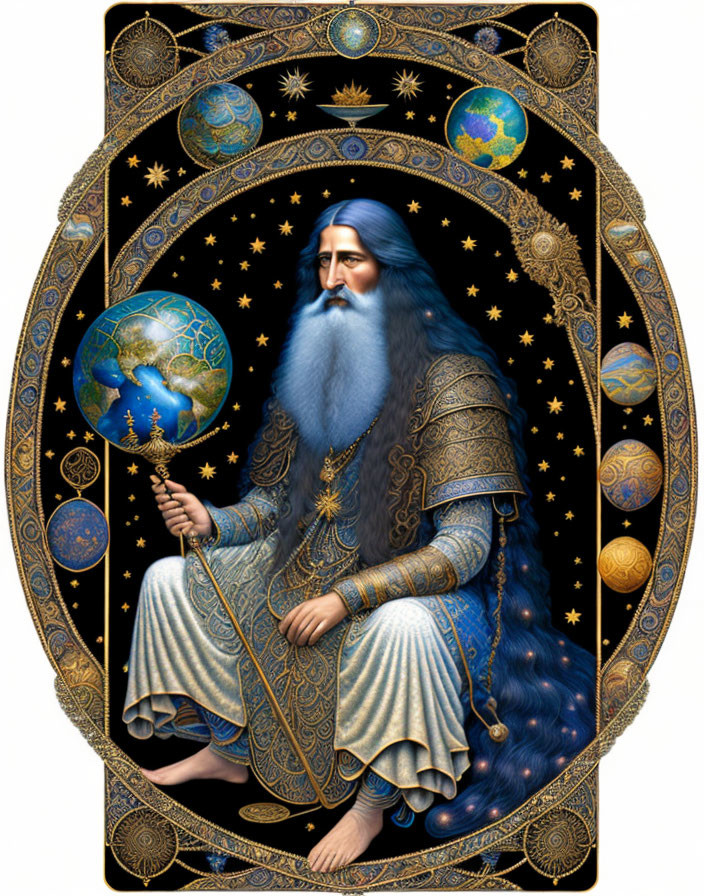 Majestic bearded figure in celestial robes with staff and stars.