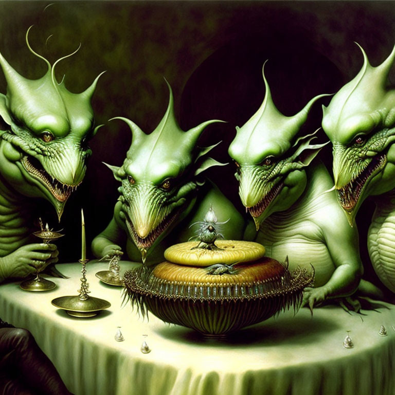 Four green dragon-like creatures with horns around a table with a small figure, candles, and a golden