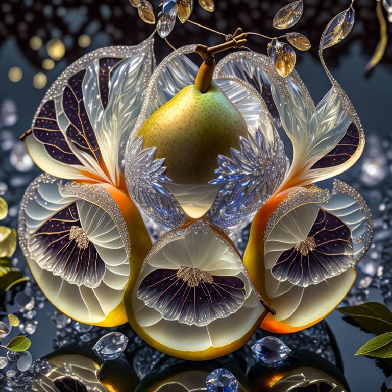 Pear and Slices with Feather Patterns on Dark Background