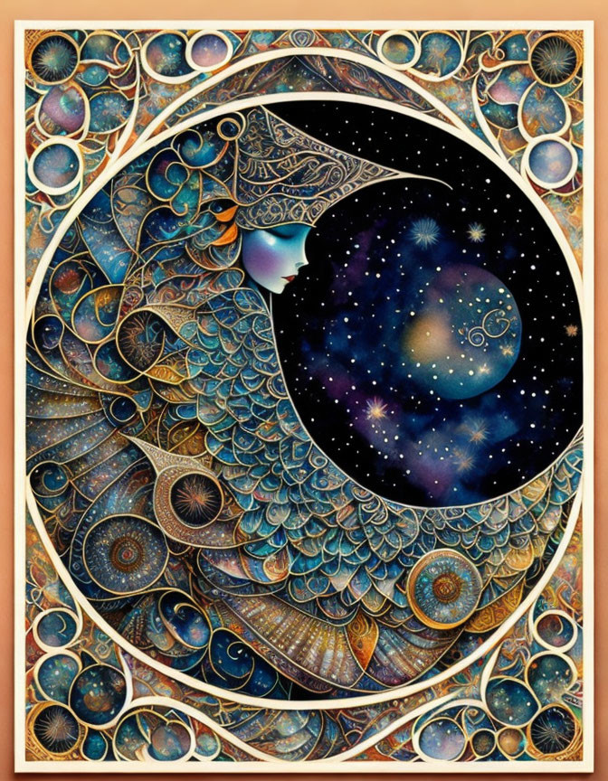 Illustrated cosmic peacock blending into starry night sky on golden circular patterns.