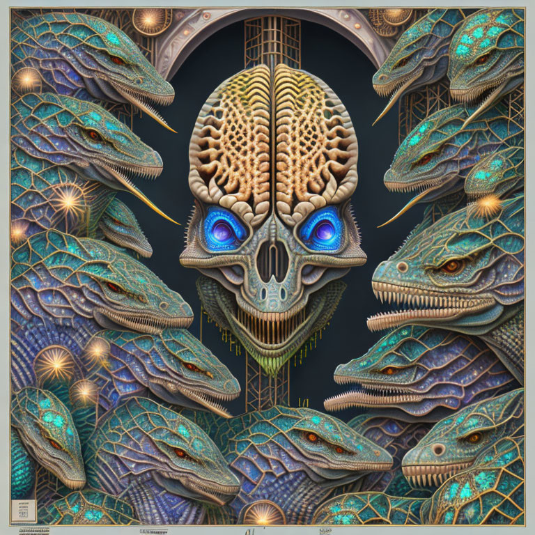 Symmetrical composition of reptilian heads and ornate mask with blue eyes