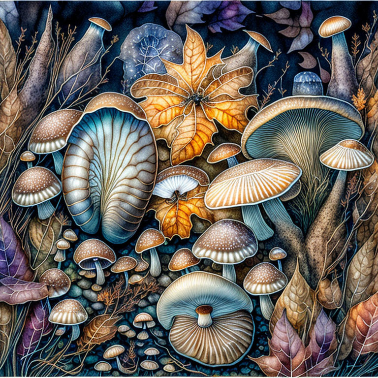 Detailed autumn mushrooms and leaves in mystical forest setting