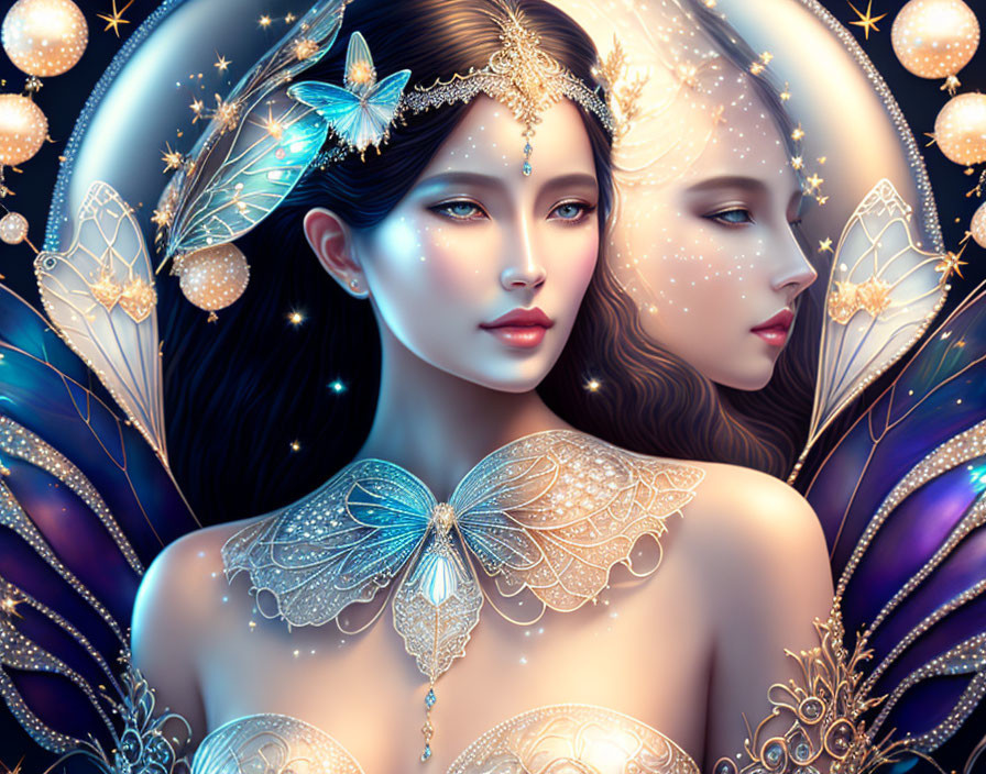 Ethereal women with butterfly wings in celestial digital art