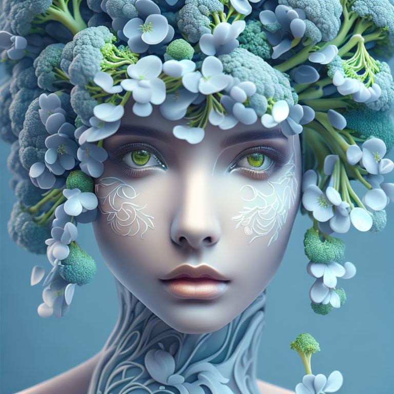 Digital artwork: Female figure with broccoli head and blue flowers, serene expression, green eyes