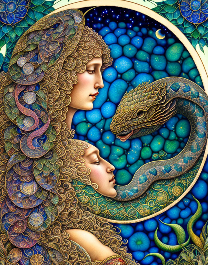 Vibrant artwork: Two women with ornate hair and serpent, celestial orbs, crescent moon