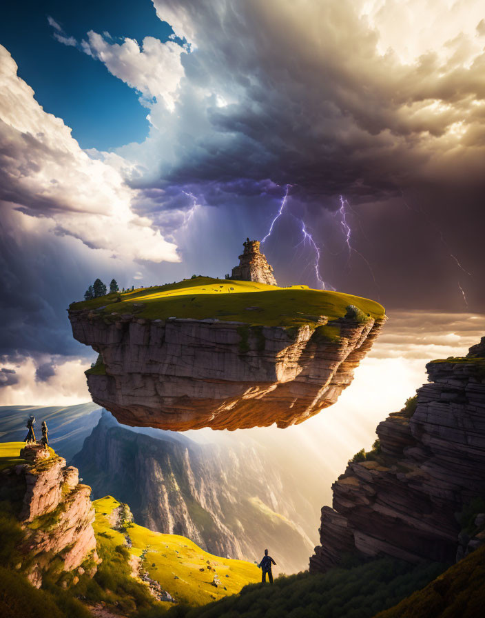 Person on cliff gazes at floating landmass with tree and structure under stormy sky