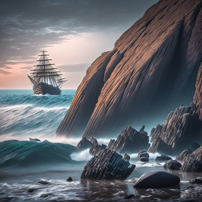 Sailing Ship near Coastline with Layered Rock Formations