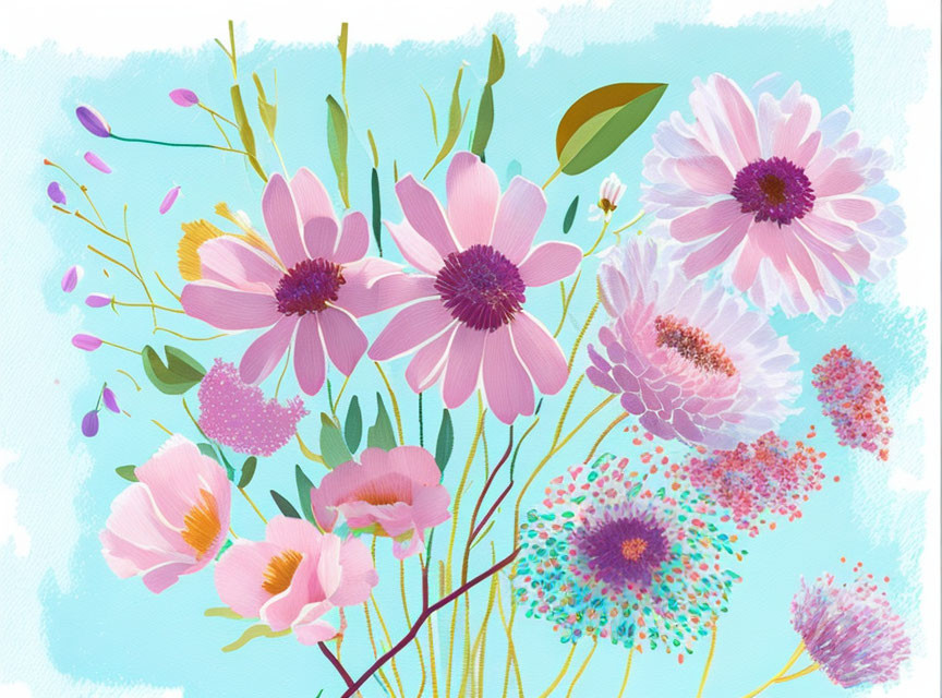 Colorful Floral Illustration on Pastel Blue Background