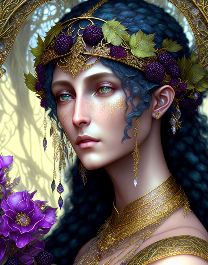 Digital artwork featuring woman with blue skin, golden crown, intricate jewelry, and purple flowers.