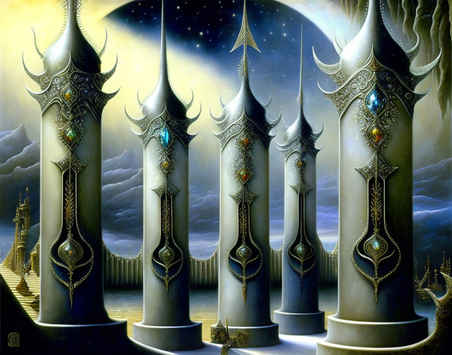 Fantastical landscape with ornate spires under starry sky