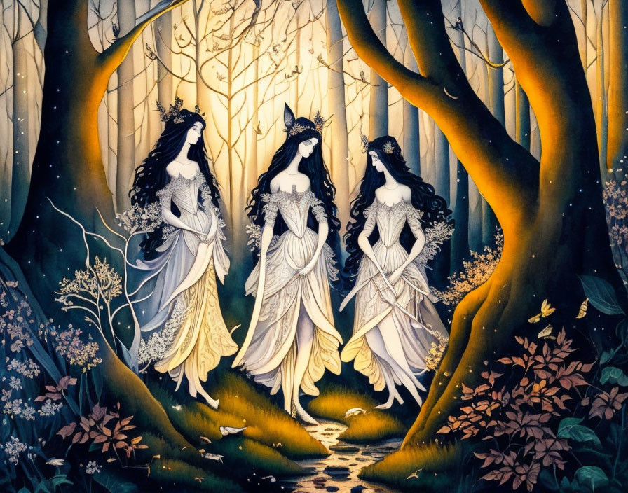 Ethereal women in white dresses explore twilight forest