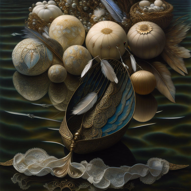 Feather-adorned boat on tranquil water with decorative spheres