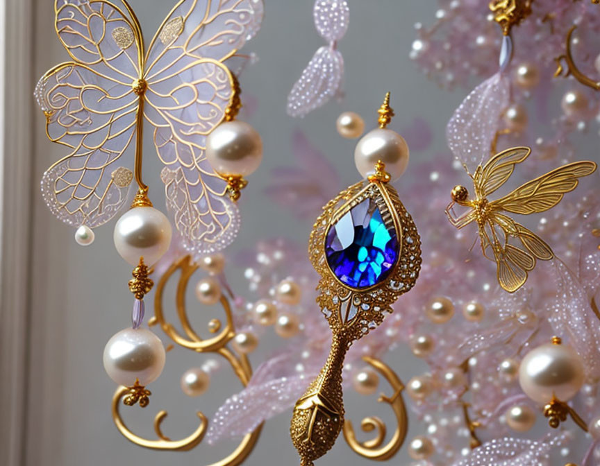 Golden Scepter with Blue Gem, Butterflies, and Pearls on Pink Background