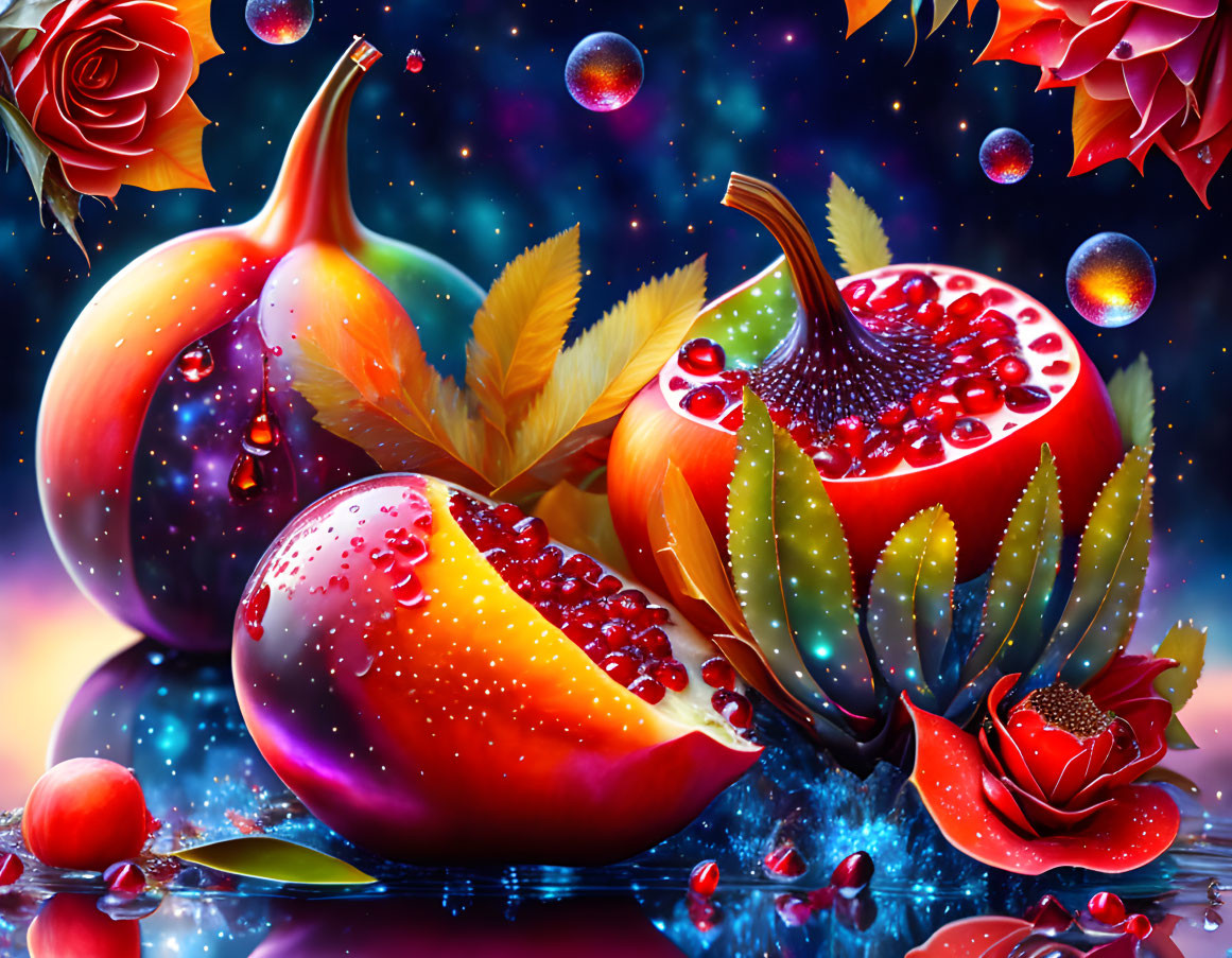 Digital artwork: Hyper-realistic fruits, flowers, and water droplets in cosmic setting