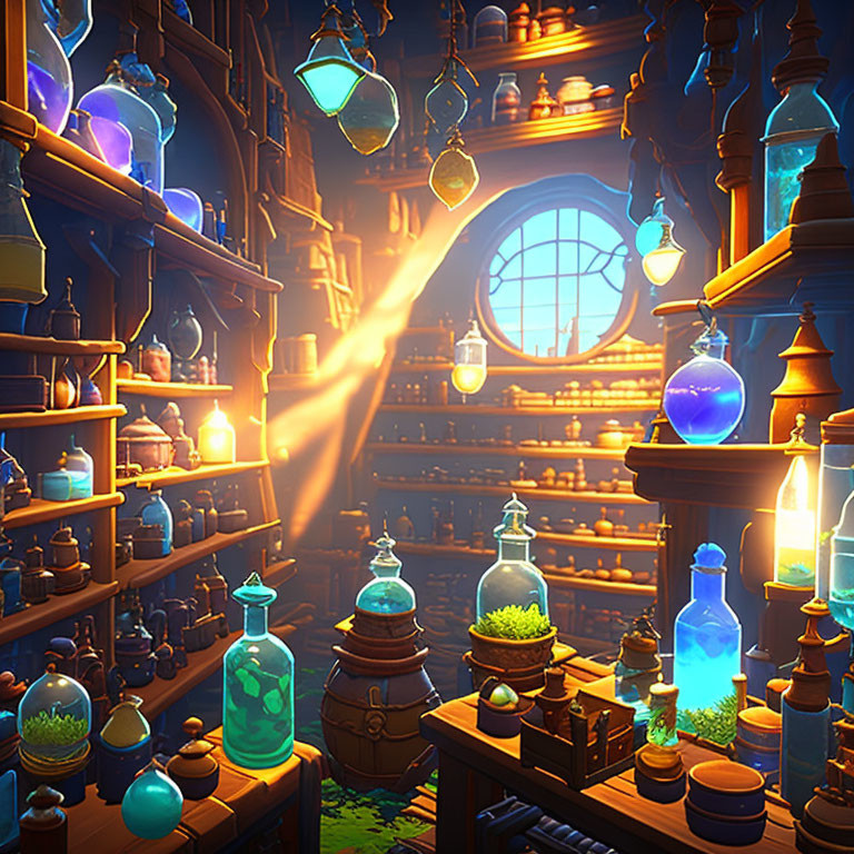 Alchemist's lab with glowing potions, books, herbs, and circular window