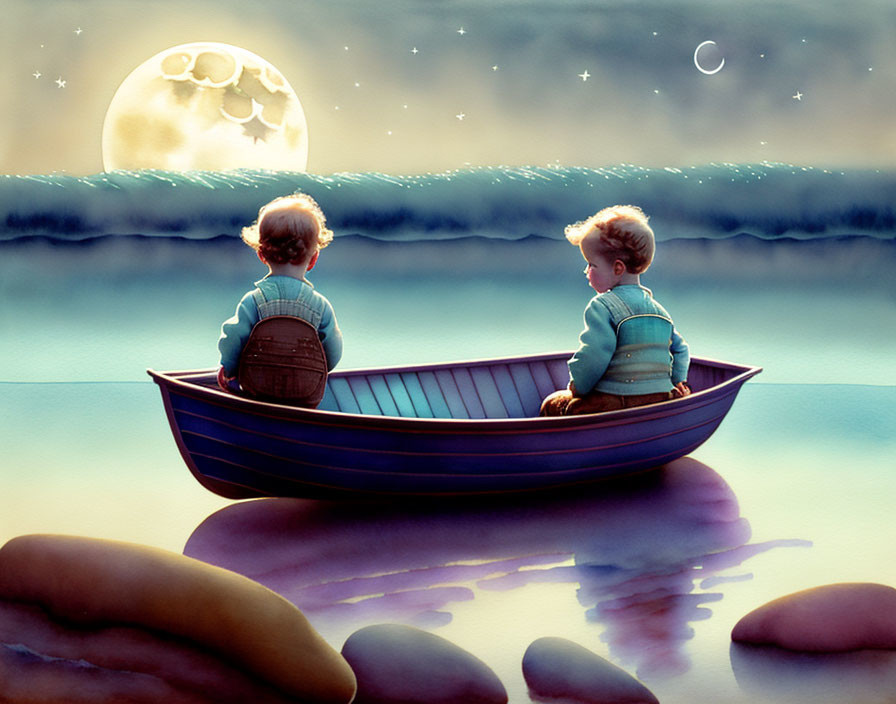 Children in boat under moonlit sky with stars and clouds