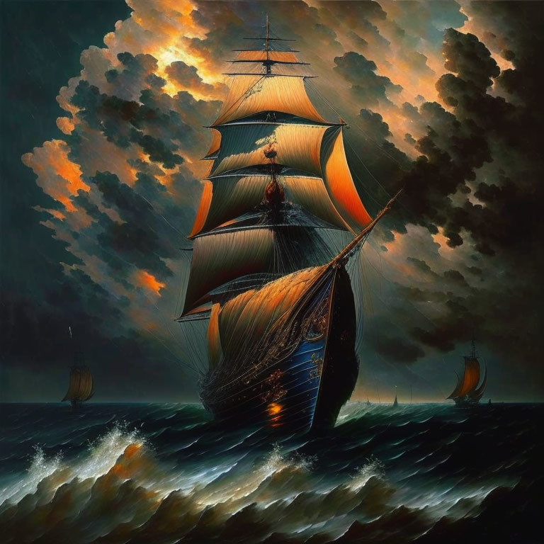 Sailing ship with full sails in stormy seas and dramatic sky