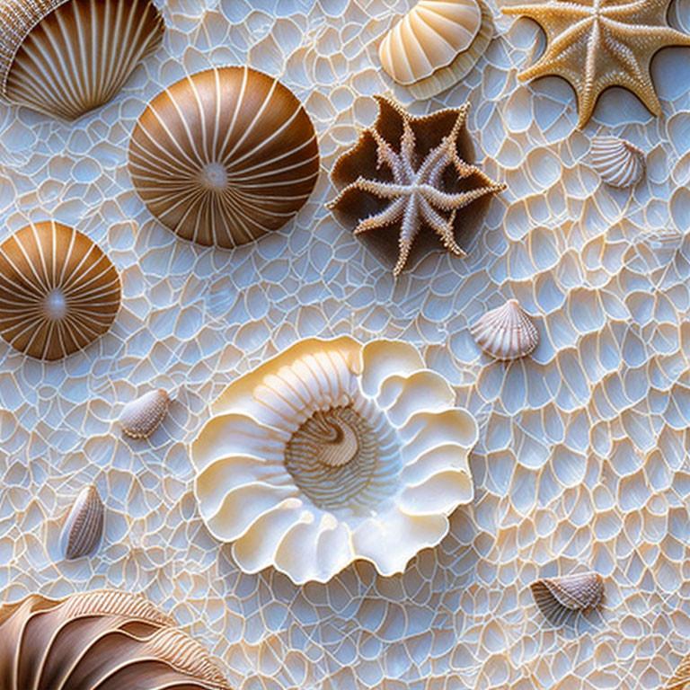 Intricately detailed seashells and starfish on textured surface