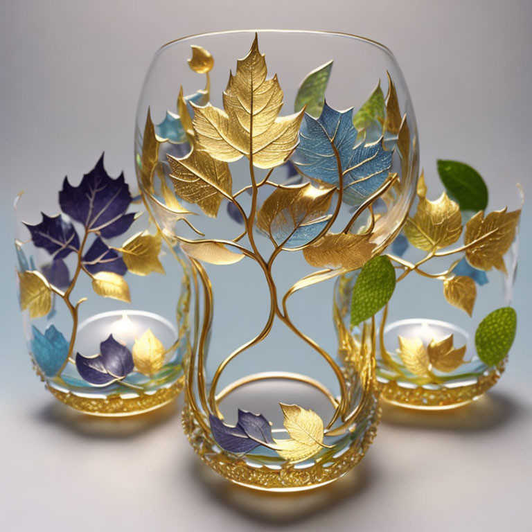 Three ornate glass goblets with gold rims and stems featuring intricate multicolored leaf patterns on a