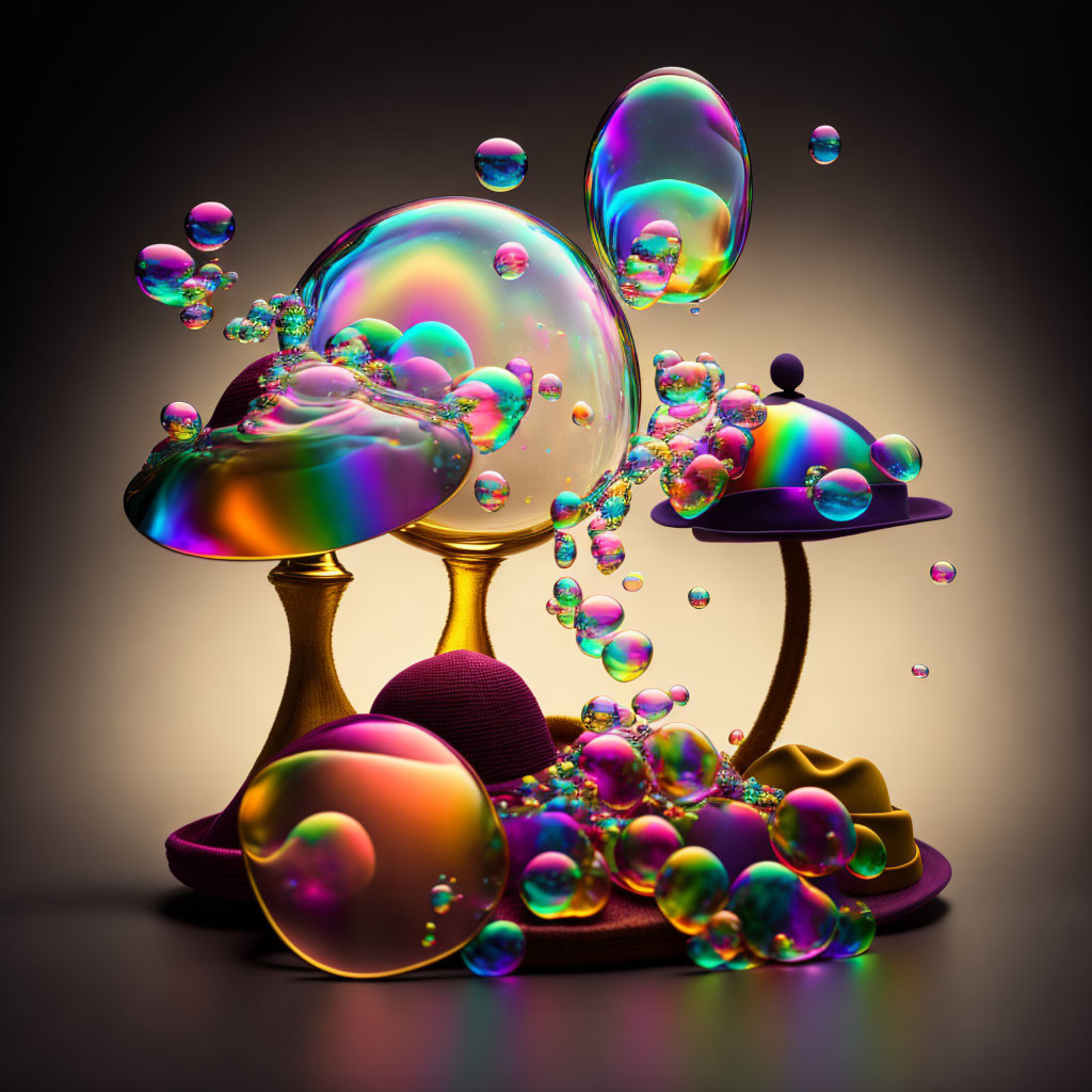 Shimmering bubbles and mushroom-like structures in soft light