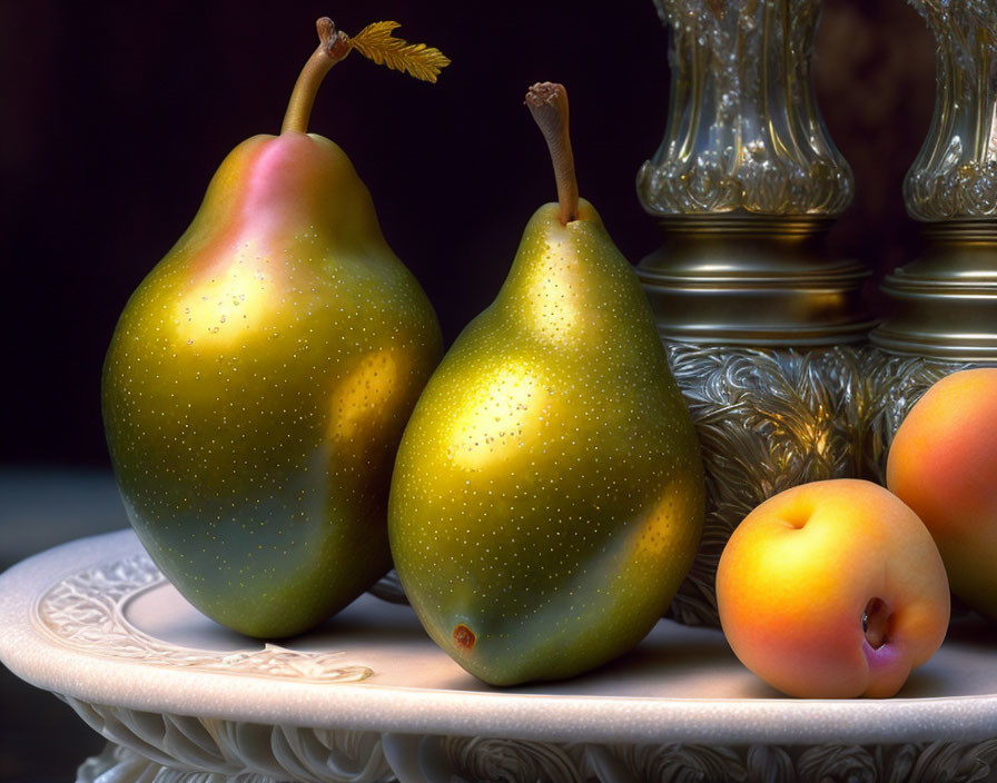 Fresh Pears and Apricots on White Plate with Silver Pitcher