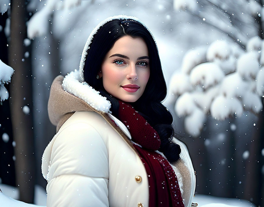 Woman in White Coat with Fur Hood and Red Scarf in Snowy Forest