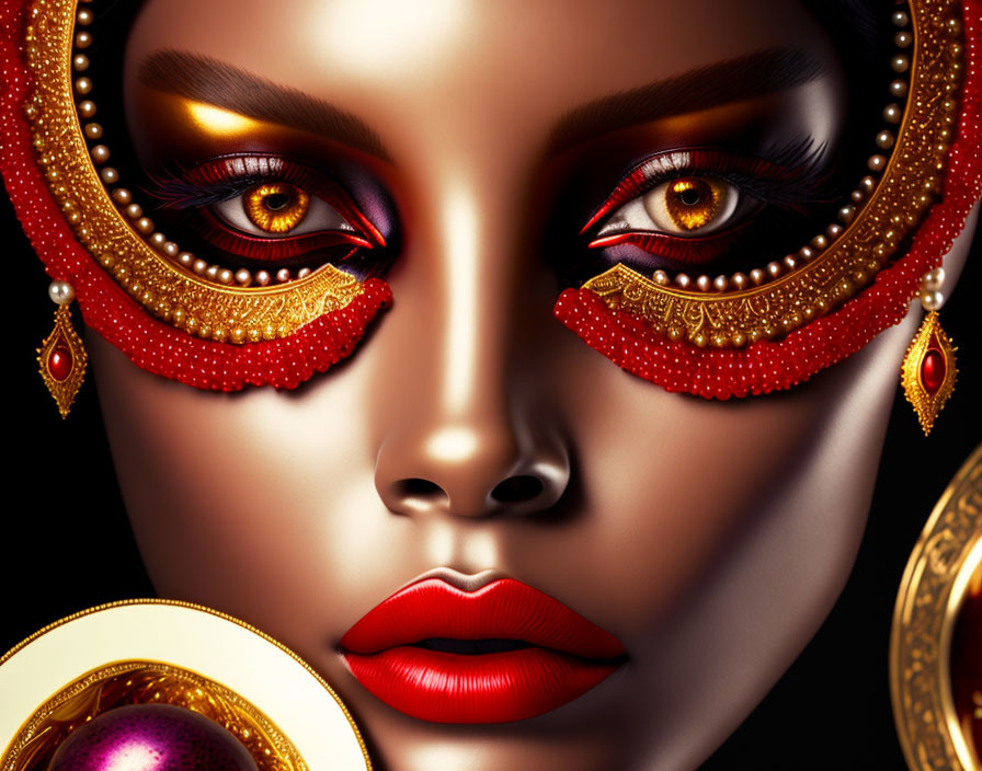 Close-up of woman with dramatic red and gold eye makeup and bold red lips on dark background