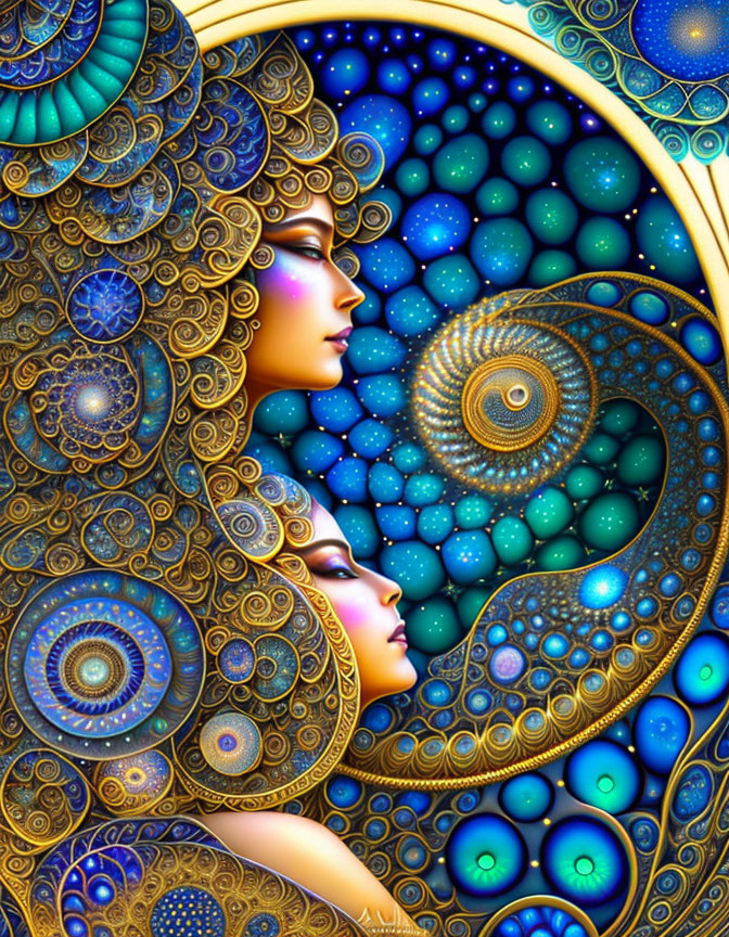 Abstract Art: Stylized Female Profiles with Cosmic Patterns