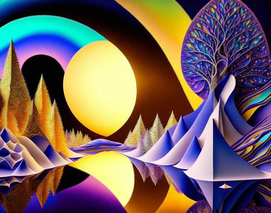 Surreal landscape digital art with stylized trees and moon