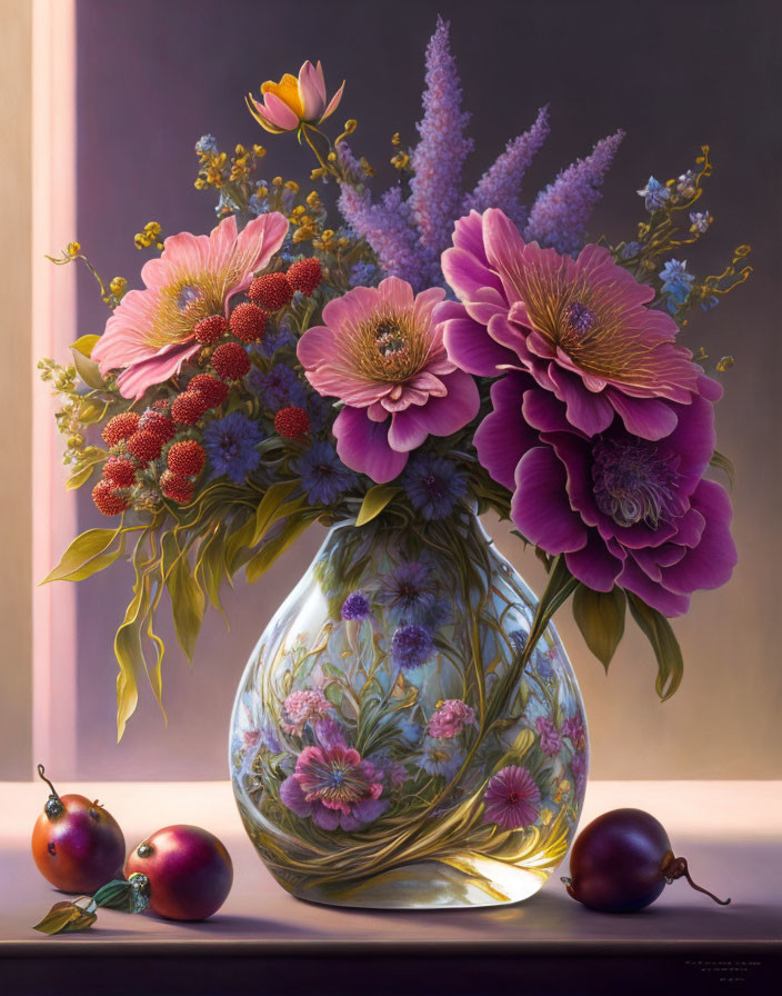 Colorful Still-Life Painting: Glass Vase, Purple Flowers, Greenery, Red Berries,