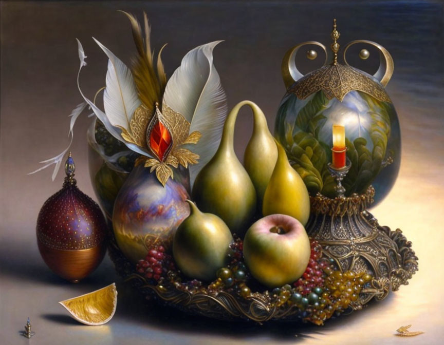 Ornate still life painting with bowl, fruit, candle, and peacock feather