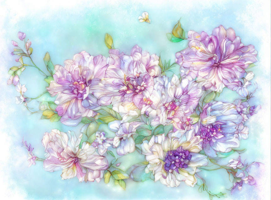 Delicate pink and purple flower bouquet on light blue background