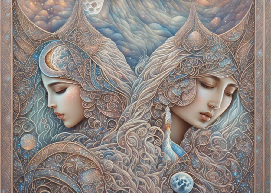 Symmetrical female figures with ornate headdresses in dreamlike digital painting