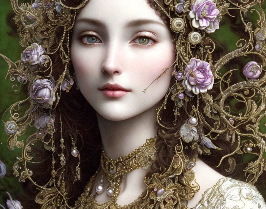 Digital artwork: Woman with pale skin, green eyes, golden headdress with purple flowers.