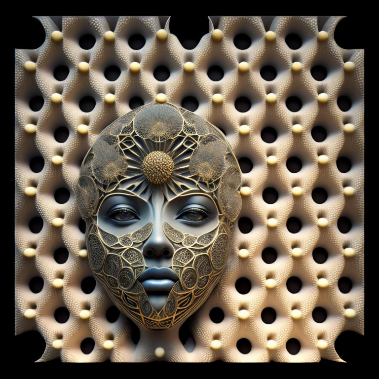 Stylized metallic face with ornate patterns on black background.