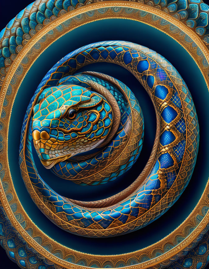 Intricate Blue and Gold Fractal Art Snake Spiraling on Dark Background