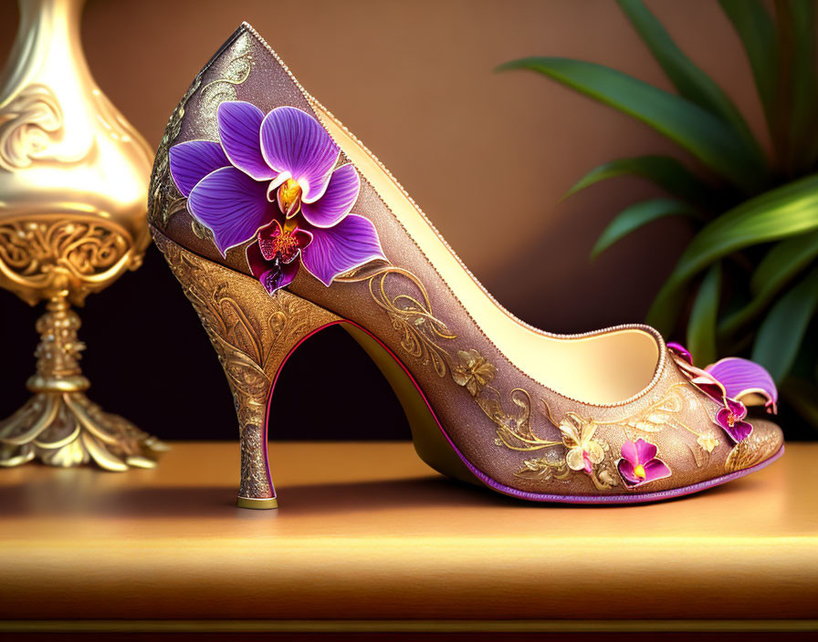 Floral Embroidered High-Heeled Shoe with Purple Orchid on Luxurious Background