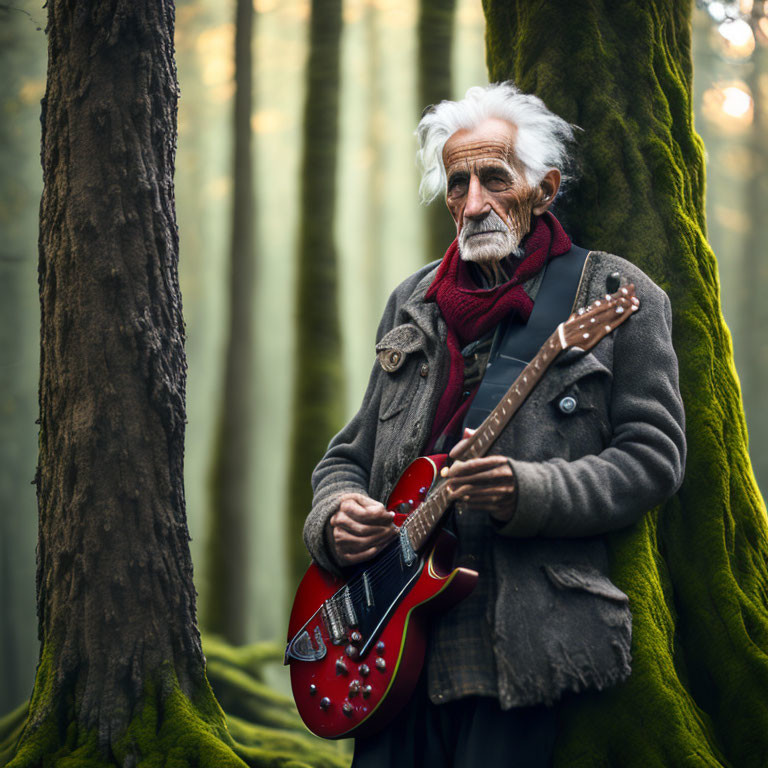 White-Haired Man with Electric Guitar in Misty Forest