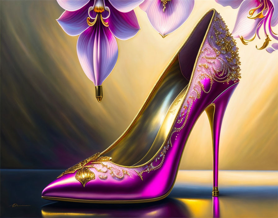 Pink High-Heeled Shoe with Gold Ornaments on Orchid Flower Background