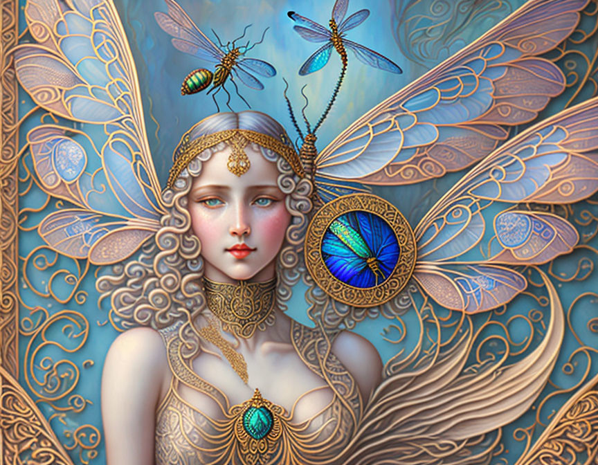 Detailed illustration of a fairy with butterfly-like wings, accompanied by a dragonfly and beetle, on a