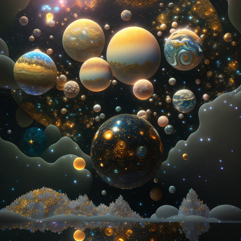 Ornate planets in cosmic scene with nebulous clouds