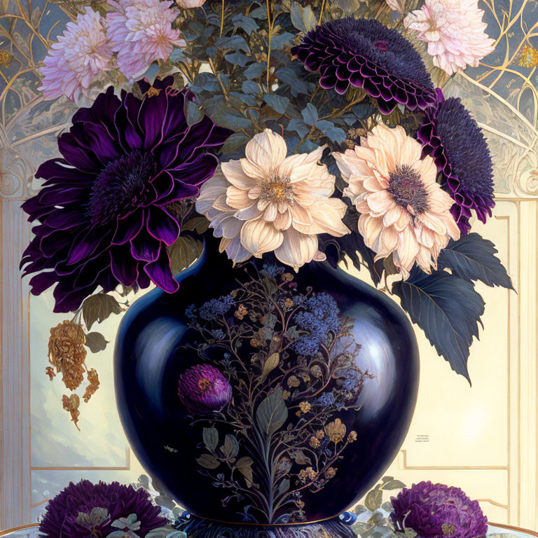 Dark reflective vase with richly colored flowers on light background