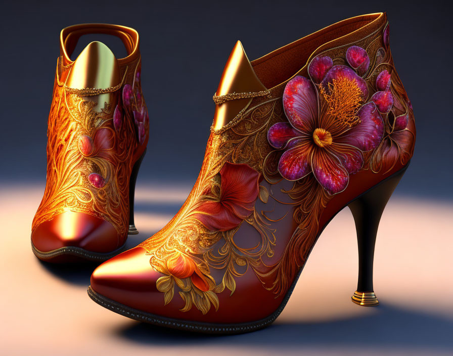 Ornate high-heeled ankle boots with gold floral designs on red background