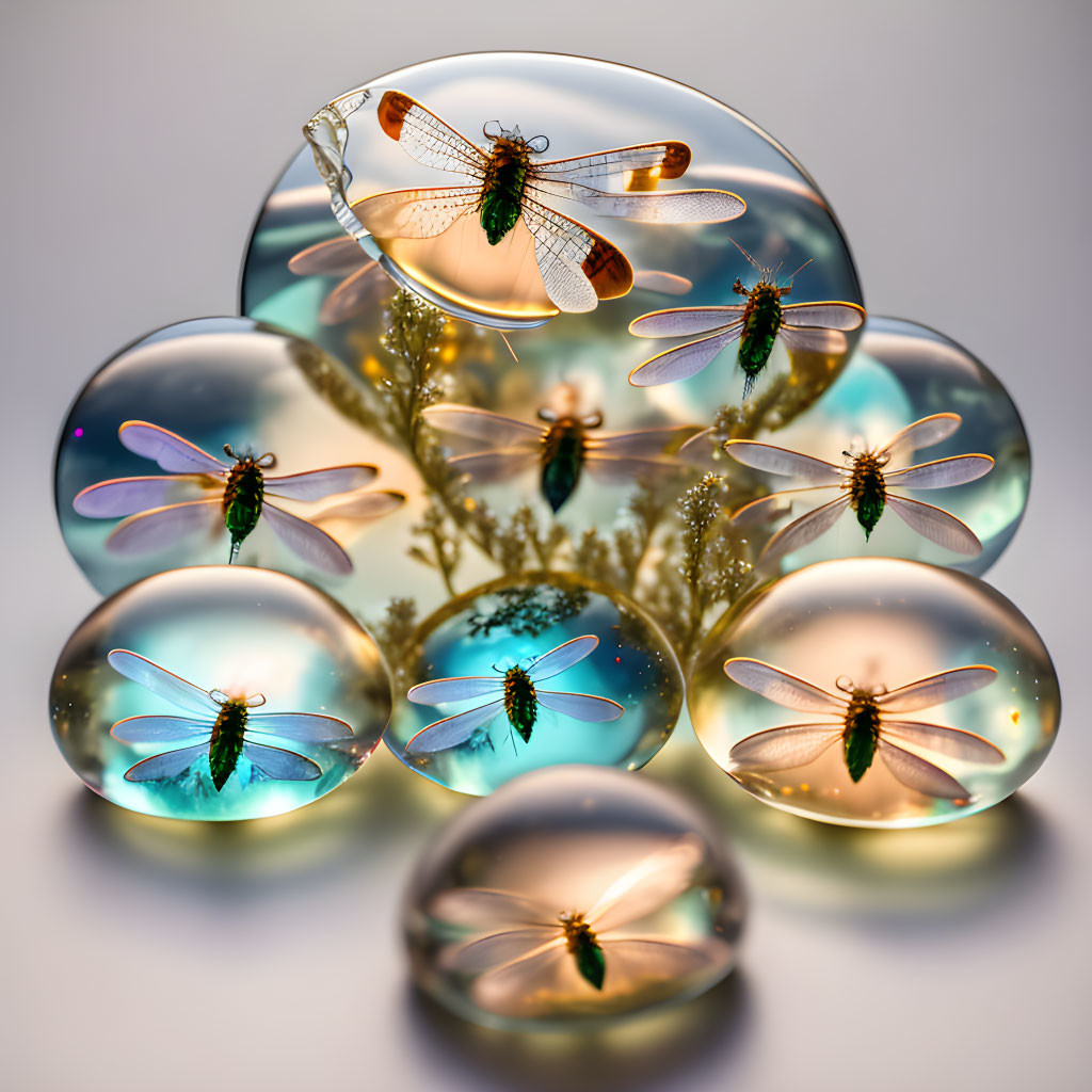 Dragonflies perched on iridescent soap bubbles on white background