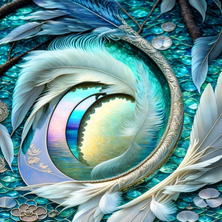 Surreal digital artwork featuring vibrant peacock feather eye.