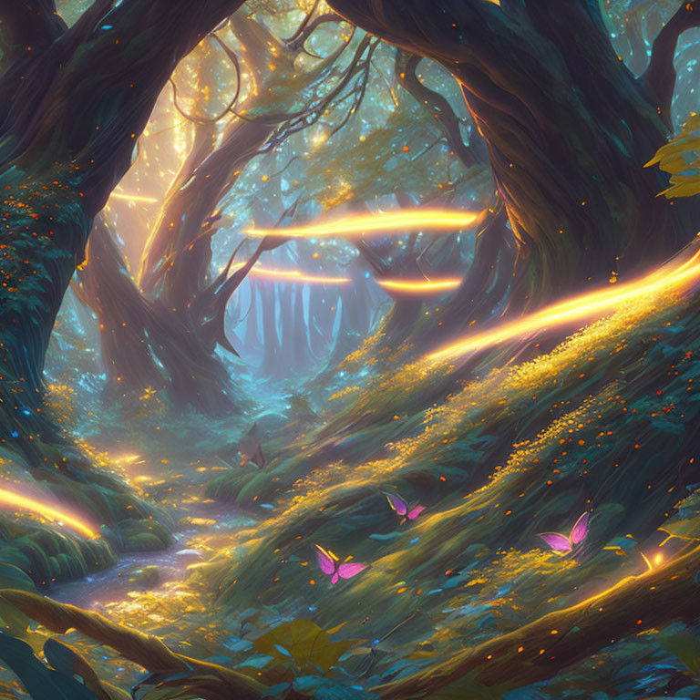 Enchanting forest with towering trees, glowing lights, and fluttering butterflies