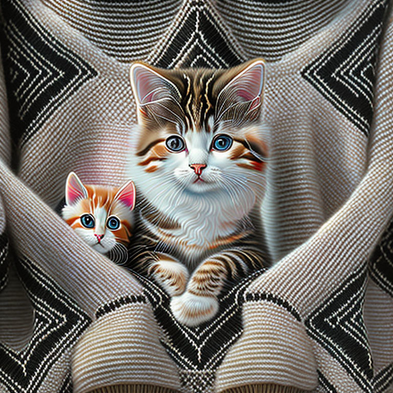 Two Kittens in Cozy Striped Sweater, Blue-Eyed Stare